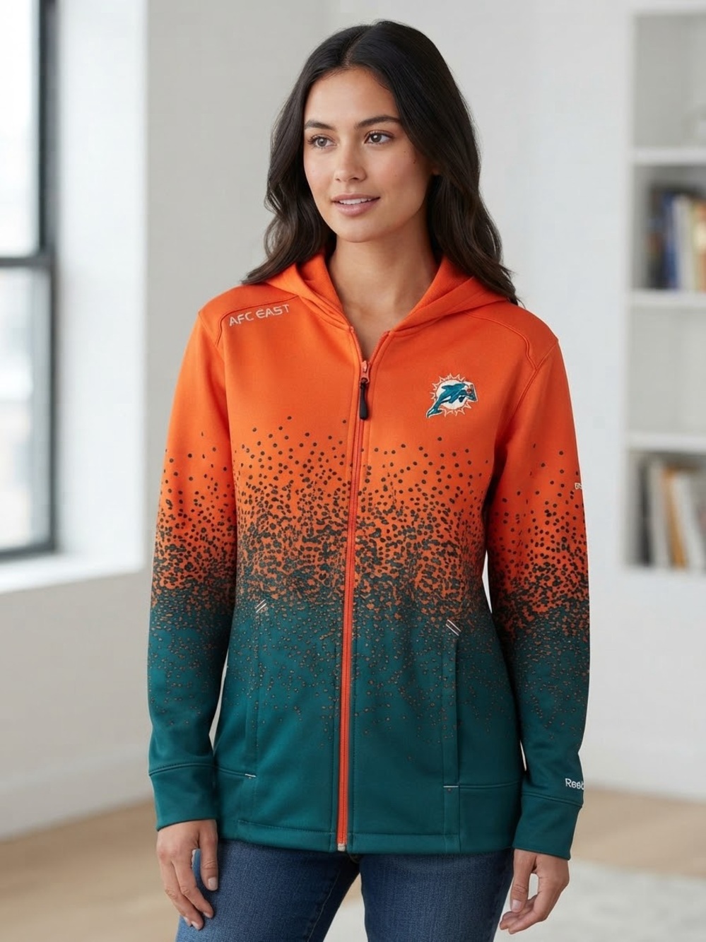 Reebok Orange and Teal Gradient Full-Zip Bomber Hoodie